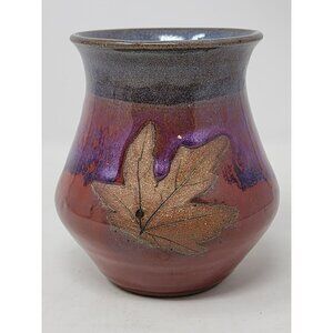 Mark Alewine Signed 2006 Drip Pottery Flower Vase Gold‎ Leaves Purple Brown Red